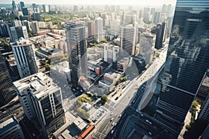 top view streets of a big city with skyscrapers