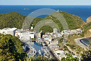 Top view of Suao township of Yilan, small town and houses beside the ocean in Taiwan