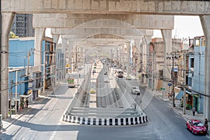 The top view from the subway station and below the new tunnel road, New construction with the metro subway line in Bangkok,