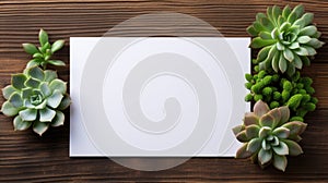 Top view of succulent plants with blank paper card on wooden background. Mockup