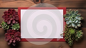 Top view of succulent plants with blank paper sheet on wooden background. Mockup