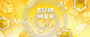 Top view summer big sale tropical banner with tropic leaves and beach umbrella. Summertime background.