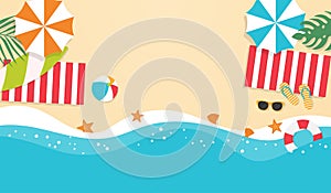 top view summer holiday beach copy space background. swim ring,umbrellas,surfboard, starfish. rest in the sea with the elements.