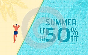 Top view of summer pool party. Summer time hot sale advertising design with man in swimming pool