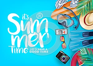 Top View Summer Time Realistic Vector Banner in Blue Background and Tropical Elements Like Scuba Diving Equipment