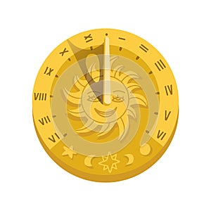 Top view of sundial icon with shadow. Concept of clock face with roman numerals, timer silhouette, measuring, astrology