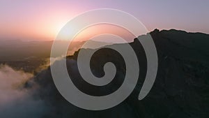 Top view of the sunrise over the mountains. Aerial view of Fuerteventura island on Canary islands. Sun over the