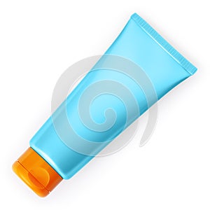 Top view of a sunscreen tube, symbolizing the essence of a summer beach vacation and emphasizing the importance of sun protection