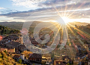 Sunset sky over Daroca antique village with tile roofs