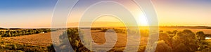 Top view of a sunset or sunrise in an agricultural field with ears of young golden rye. Rural panorama