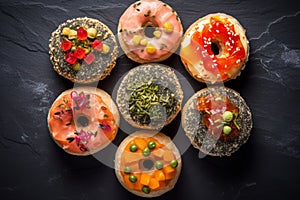 Trendy japan rice dish sushi prepared in shape of donut.