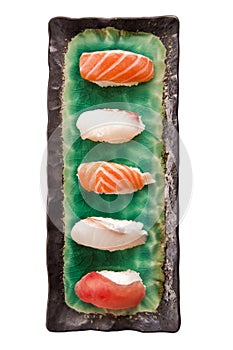 Top view of a sushis plate isolated on white