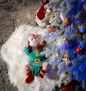 Top view of the sweet baby lying on the floor in a costume of elf. Baby near the fur tree at the new year. Side view.