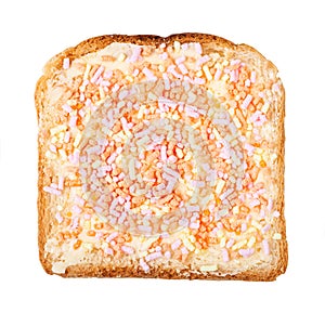 Top view of sweet toast with butter and fruithails