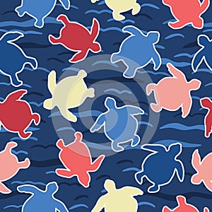 Top view of swimming sea turtles pattern. Seamless vector sealife background. Hand drawn endangered ocean nature all over print. photo