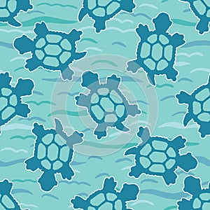 Top view of swimming sea turtles pattern. Seamless vector sealife background. Hand drawn endangered ocean nature all over print. photo