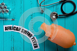 Swine with syringe and vaccine and stethoscope and broken wording of african swine fever photo