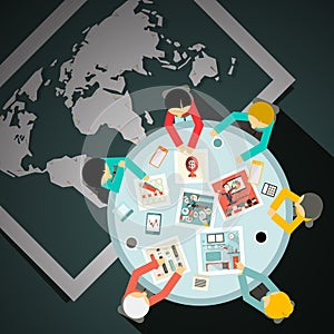 Top View Table with Businessmen and World Map