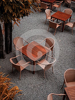 Top view of table and chairs in the garden vintage style photo