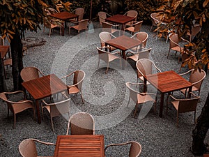 Top view of table and chairs in the garden vintage style photo