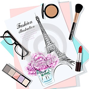 Top view of table with flowers, papers, sketch, eyeglasses and cosmetics. Hand drawn eiffel tower and flowers.
