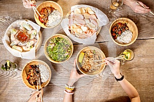 Top view on the table full of asian meals