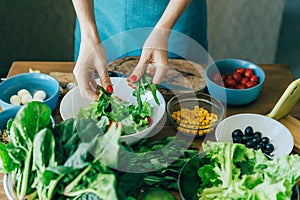 Top view of the table with ingredients for preparing a salad of European cuisine and female hands