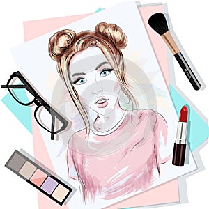 Top view of the table with papers, woman`s portrait, brush, lipstick, eyeglasses and eyeshadows. Stylish graphic set.