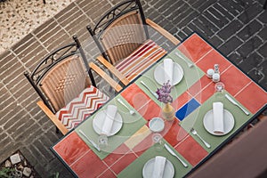 Top view of a table set up in a Spanish dining restaurant