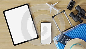 Top view of tablet and phone mockup with suitcase and passport. 3d photo