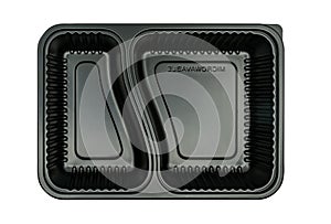 Top view takeaway plastic food box with two panels, isolated high quality microwaveable empty food box on white background. Black