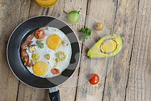 Fried bacon and egg in fry pan