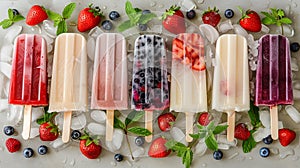 Top view of tasty colorful ice cream set of summer ice cream with berries, fruit and ice cubes. Various delicious