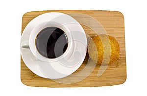 Top view, Tasty homemade traditional muffin cakes with espresso coffee on wood isolated on white background with clipping path