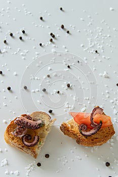 Top view of tasty Italian appetizers -  bruschetta with raw tomatoes and octopus tentacles, on slices of toasted baguette