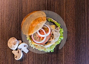 Top view of tasty mushrooms hamburger