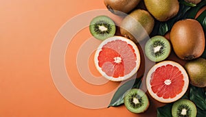 Top view of tasty ripe kiwi and grapefruit on orange background with copy space