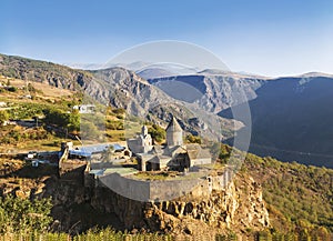 Top view of the Tatev monastery-armenian monastery complex of the late IX-early X centuries in Syunik region in 20 km from the tow