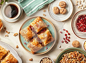 top view tea party with baklava, Turkish sweets, oriental sweets, dessert