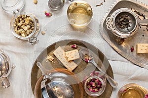 Top view of tea set and biscuits