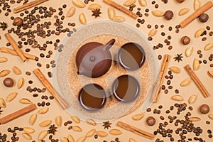 Top view tea set with coffee beans and spice