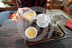 Top view tea set a wooden table for tea ceremony background.