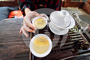 Top view tea set a wooden table for tea ceremony background.