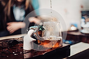 Top view tea set a wooden table for tea ceremony background.