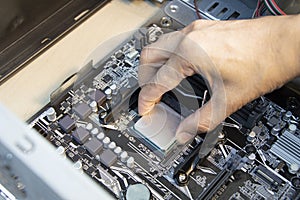 top view technician inserting cpu, computer assembler
