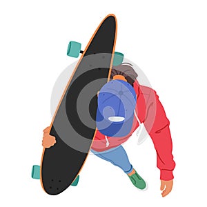 Top View Of A Teenage Woman Character Confidently Walking With A Skateboard Casually Resting On Her Shoulder