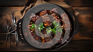 Top view on teriaki sauce beef ribs in a pan on the dark wooden table, horizontal. generative ai