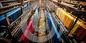 Top view of a textile mill, rows of looms weaving threads into a tapestry of color and pattern , concept of Industrial