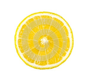 Top view of textured ripe slice of lemon citrus fruit  on white background