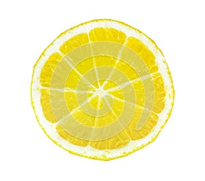 Top view of textured ripe slice of lemon citrus fruit isolated on white background